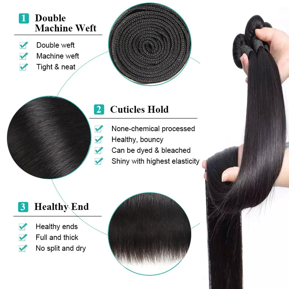 Straight Weaving Human Hair Extensions Bundles 28 30 32 Inch With 13x4 Lace Frontal Brazilian Human Weaves Hair Closure 4x4 5x5