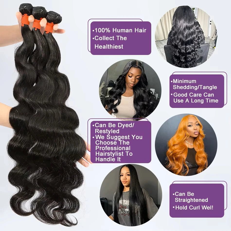100% Human Hair Brazilian Virgin Hair Weave Body Wave Hair Bundles 3 Bundles Natural Color Remy Hair Extensions For Black Women - anavora