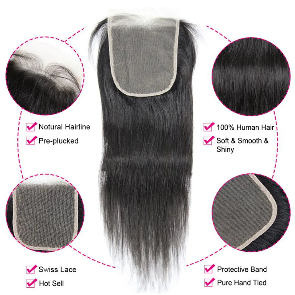 Straight Weaving Human Hair Extensions Bundles 28 30 32 Inch With 13x4 Lace Frontal Brazilian Human Weaves Hair Closure 4x4 5x5