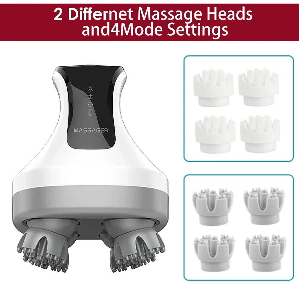 4D Electric Head Scalp Massager For Hair with 4 Kneading Massage Relax Red Light Nourishes Head Health Care IPX7 Waterproof