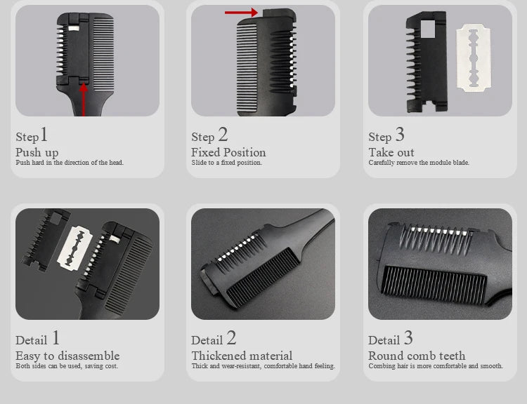 Hair Cutting Comb Black Handle Hair Brushes with Razor Blades Barber Scissors Hair Salon Thinning Hairdressing DIY Styling Tools - anavora