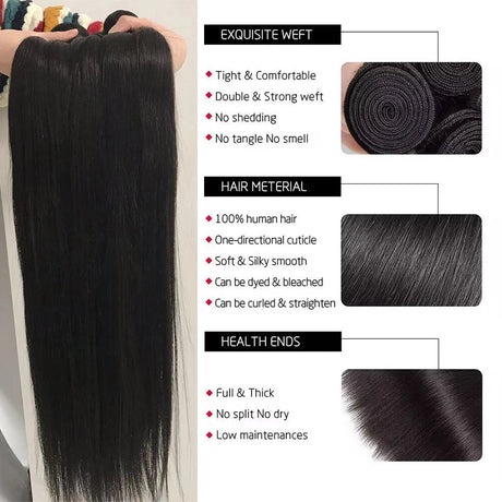 Straight Human Hair Bundles 10A Raw Hair Bundles 100% Human Hair Extensions Natural Black Brazilian Hair Weave Bundles for Women - anavora